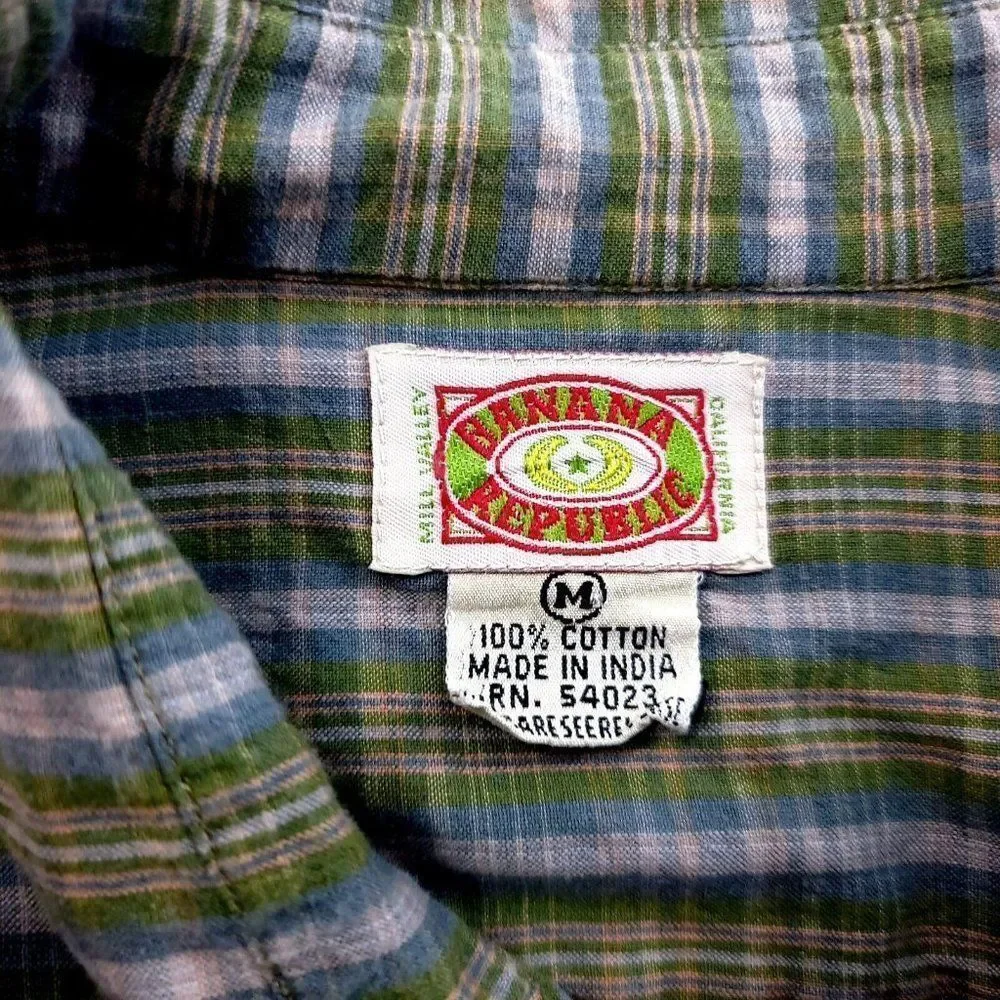 Banana Republic Green Plaid Medium Cotton Pocket Front Collared‎ Dress Shirt